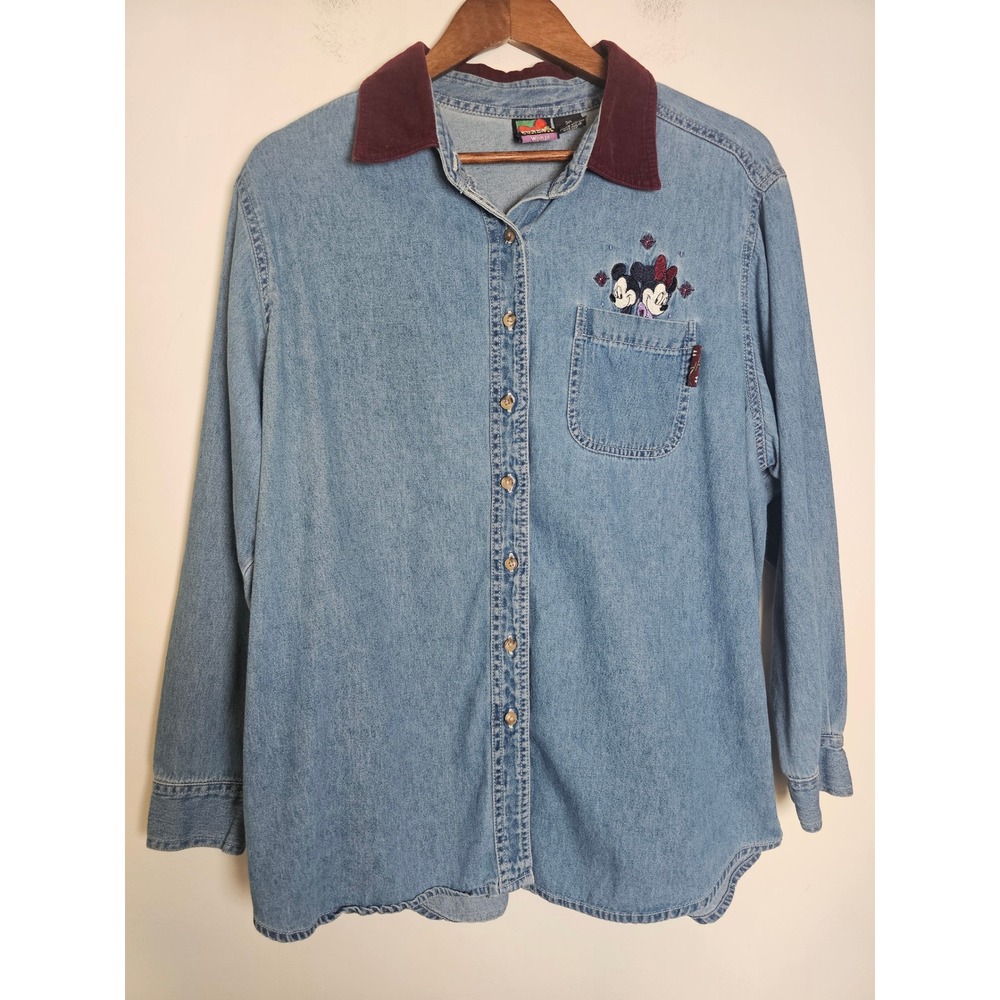 [Disneycore] Vintage Mickey Unlimited Denim Shirt Womens 20 Blue Corduroy Collar